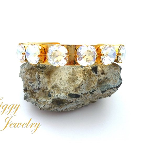 Gold Plated Athena Cuff Bracelet, 12mm Cushion Cut Crystal Moonlight Crystals - Picture 5 of 7
